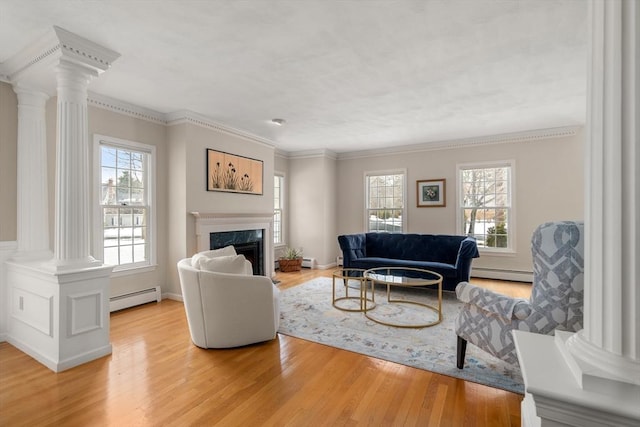 living area featuring a baseboard heating unit, a high end fireplace, and ornate columns