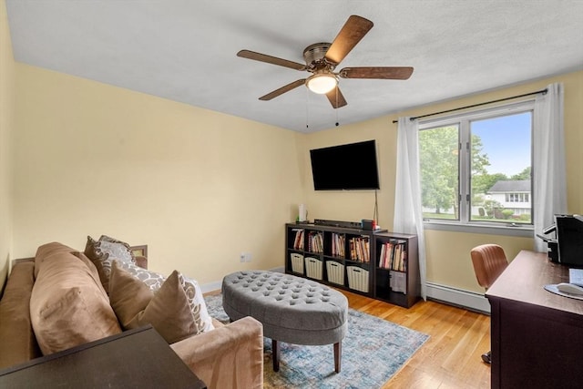 9 Indian Rock Dr, Saugus, MA 01906 - living area with a baseboard radiator, a ceiling fan, light wood-style flooring, an office area, and baseboards