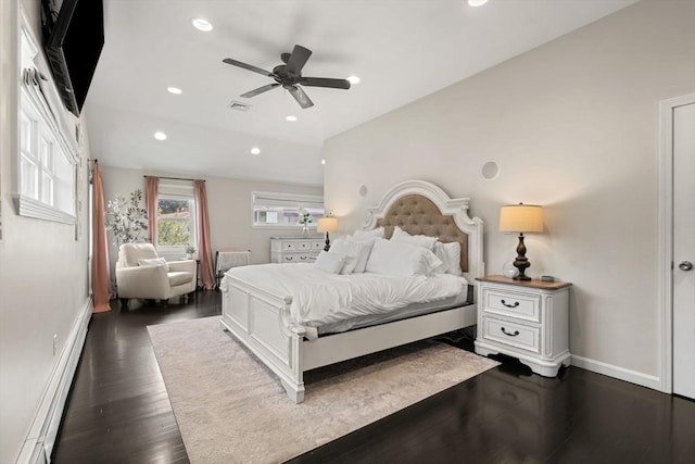 9 Indian Rock Dr, Saugus, MA 01906 - bedroom featuring baseboards, recessed lighting, baseboard heating, dark wood-type flooring, and ceiling fan