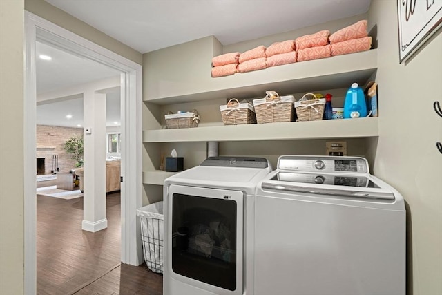 9 Indian Rock Dr, Saugus, MA 01906 - laundry area featuring washer and dryer and dark wood-type flooring