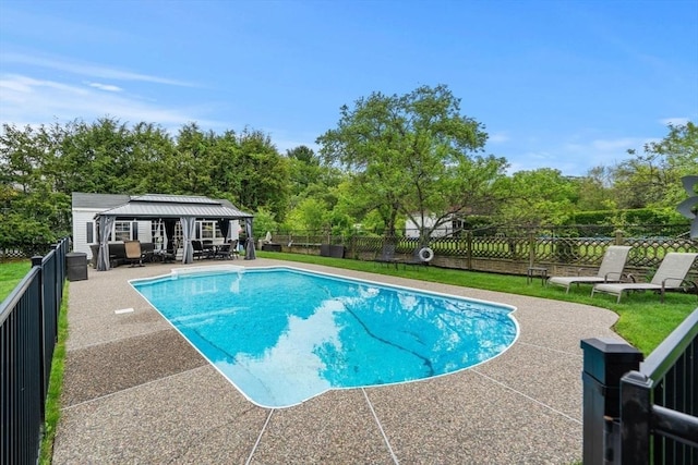 9 Indian Rock Dr, Saugus, MA 01906 - view of swimming pool featuring a patio, a fenced backyard, a gazebo, and view of scattered trees