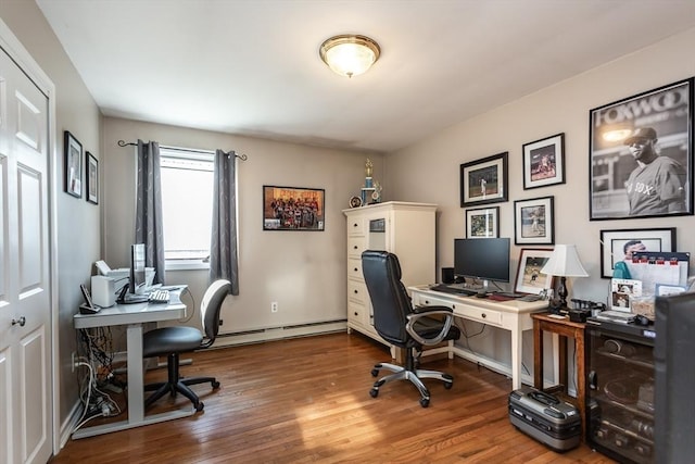 office with a baseboard radiator and wood finished floors