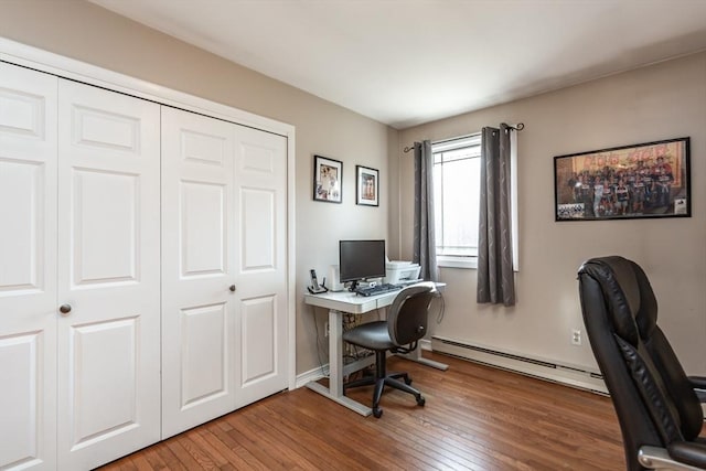 office space with hardwood / wood-style flooring and baseboard heating