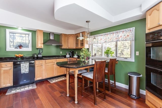 kitchen featuring dishwashing machine, dobule oven black, dark wood-style flooring, baseboards, and wall chimney exhaust hood