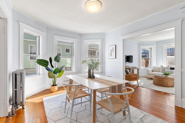 dining space featuring hardwood / wood-style floors, radiator heating unit, and a textured ceiling