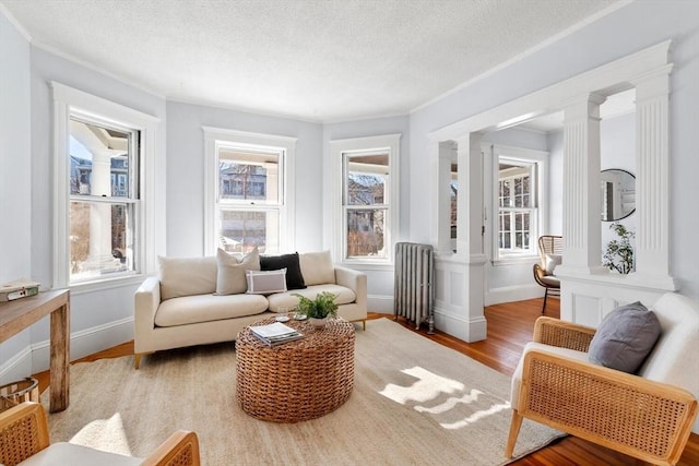 sunroom with plenty of natural light, radiator, and ornate columns