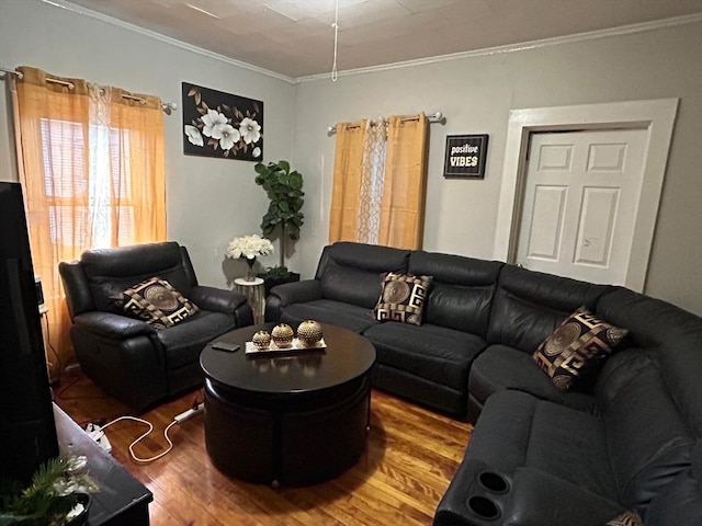 living room featuring crown molding and hardwood / wood-style flooring