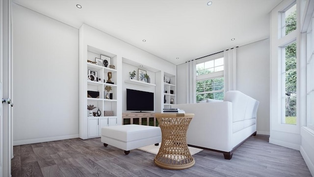 living room with built in shelves and dark hardwood / wood-style flooring