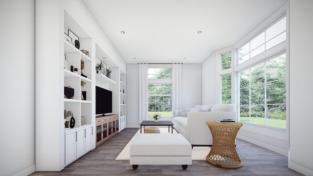 living area with hardwood / wood-style flooring and built in features