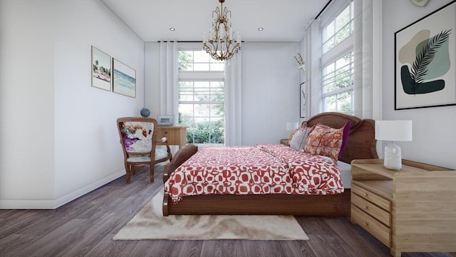 bedroom featuring a chandelier and dark wood-type flooring