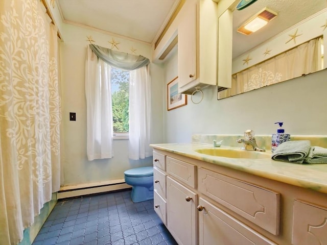 bathroom with baseboard heating, toilet, vanity, and ornamental molding