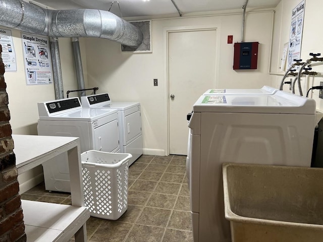 laundry room with electric panel and washing machine and clothes dryer