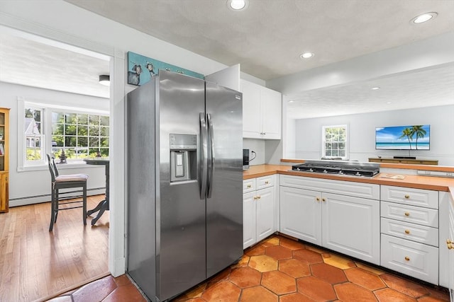 160 Woodland Mead, Hamilton, MA 01982 - kitchen with stainless steel appliances, a baseboard radiator, white cabinets, and recessed lighting