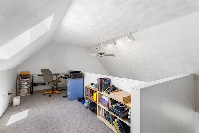 160 Woodland Mead, Hamilton, MA 01982 - office space with a skylight, vaulted ceiling, track lighting, a textured ceiling, and carpet