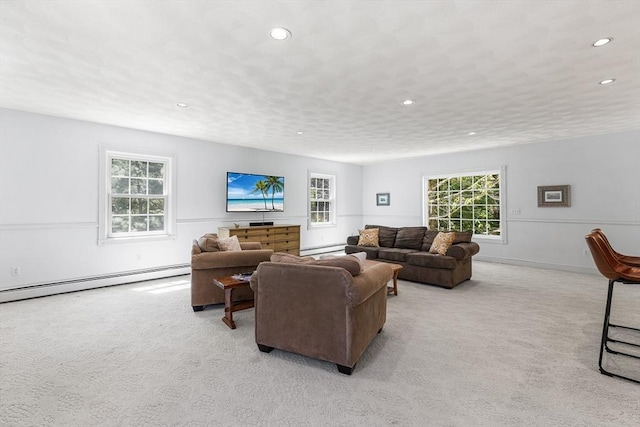 160 Woodland Mead, Hamilton, MA 01982 - living room featuring a baseboard heating unit, recessed lighting, light colored carpet, and plenty of natural light