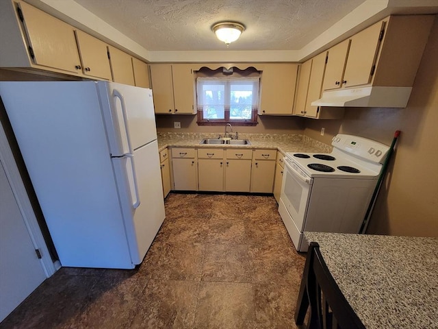 kitchen with white appliances, sink, a textured ceiling, cream cabinetry, and light stone counters