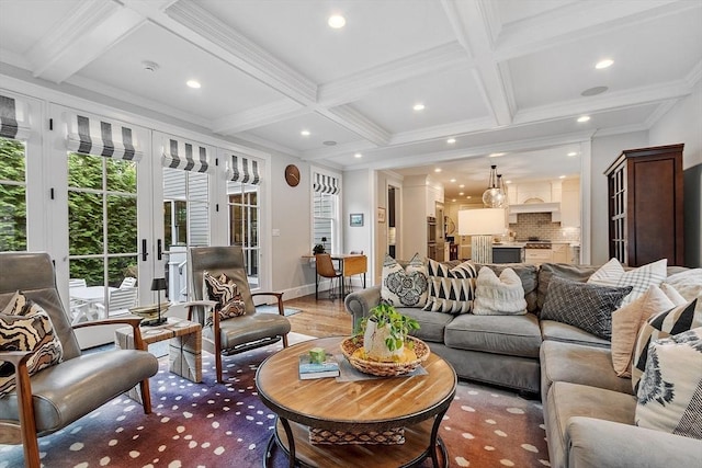 159 Marked Tree Rd, Needham, MA 02492 - living area with coffered ceiling, beamed ceiling, recessed lighting, ornamental molding, and french doors