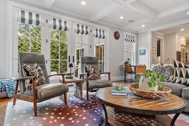 159 Marked Tree Rd, Needham, MA 02492 - sunroom with french doors, beam ceiling, and coffered ceiling
