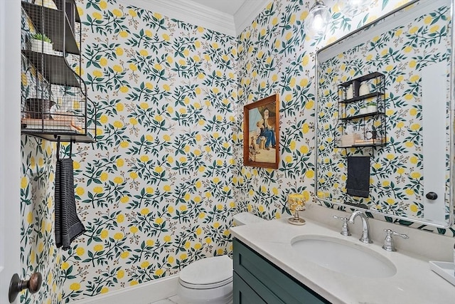 159 Marked Tree Rd, Needham, MA 02492 - half bathroom with wallpapered walls, crown molding, toilet, vanity, and baseboards