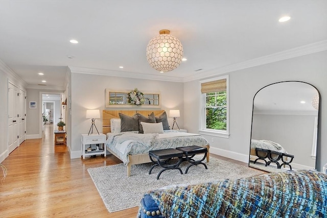 159 Marked Tree Rd, Needham, MA 02492 - bedroom with recessed lighting, light wood-style floors, crown molding, and baseboards