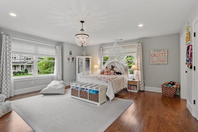 159 Marked Tree Rd, Needham, MA 02492 - bedroom with multiple windows, baseboards, wood finished floors, a chandelier, and recessed lighting