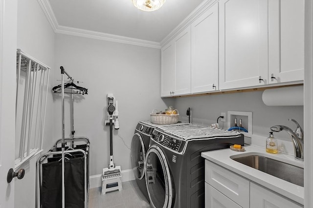 159 Marked Tree Rd, Needham, MA 02492 - laundry area featuring cabinet space, independent washer and dryer, crown molding, baseboards, and tile patterned floors