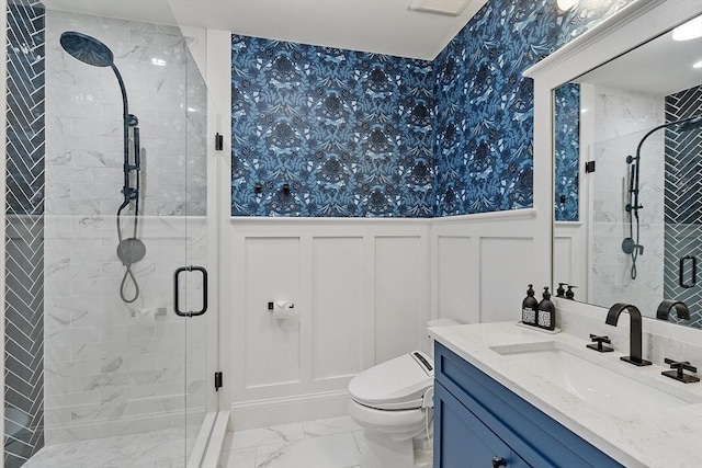 159 Marked Tree Rd, Needham, MA 02492 - bathroom featuring marble look tiles, toilet, vanity, a wainscoted wall, and wallpapered walls