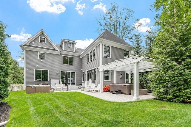 159 Marked Tree Rd, Needham, MA 02492 - rear view of house with a hot tub, a patio area, a pergola, and an outdoor hangout area