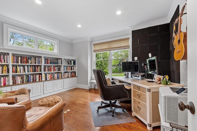 159 Marked Tree Rd, Needham, MA 02492 - office area featuring crown molding, plenty of natural light, recessed lighting, light wood finished floors, and baseboards