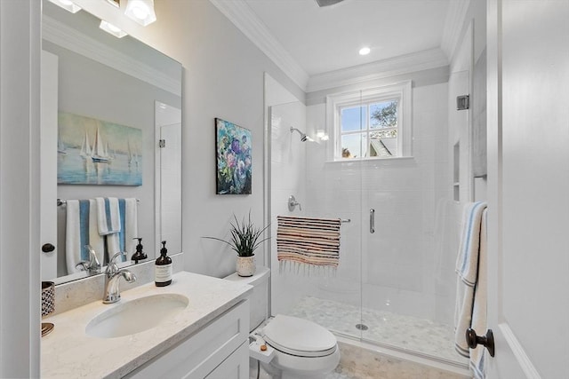 159 Marked Tree Rd, Needham, MA 02492 - bathroom with a shower stall, vanity, crown molding, and toilet