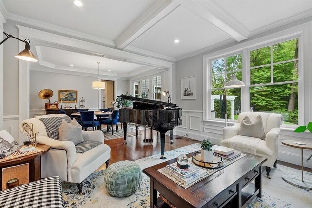 159 Marked Tree Rd, Needham, MA 02492 - living area with beamed ceiling, crown molding, wood finished floors, and recessed lighting