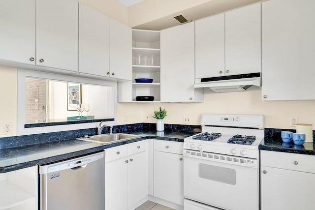 kitchen featuring dishwasher, white cabinetry, sink, and gas range gas stove