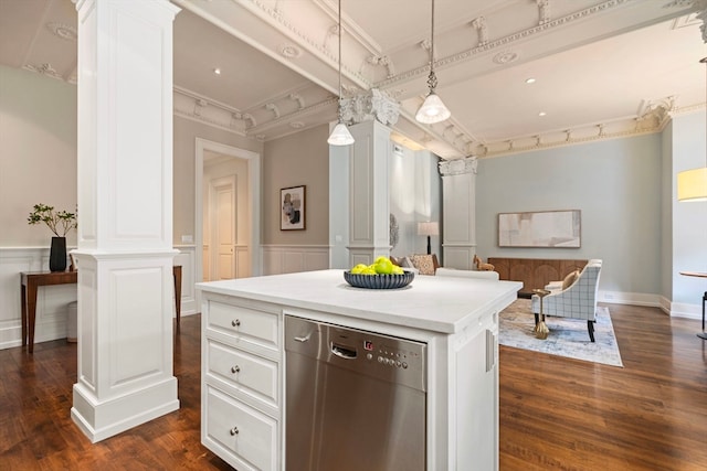 kitchen featuring ornate columns, pendant lighting, dark wood-type flooring, stainless steel dishwasher, and a center island