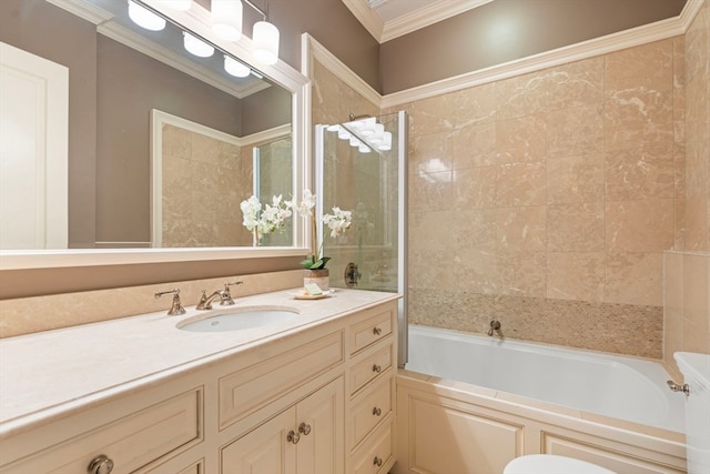 bathroom with ornamental molding, toilet, and vanity