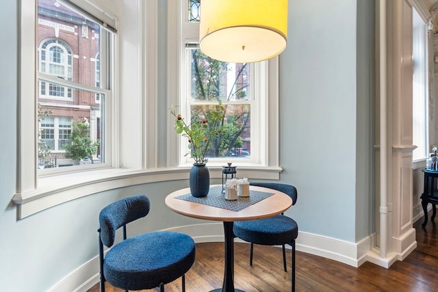 dining room with a healthy amount of sunlight and dark wood-type flooring