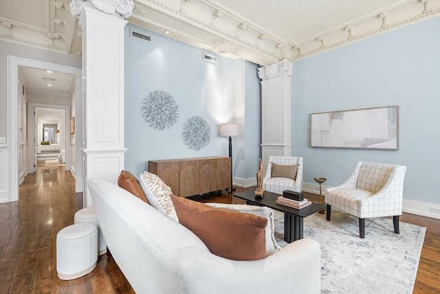 8 Garrison St Unit 104, Boston, MA 02116 - living area with decorative columns, ornamental molding, hardwood / wood-style flooring, and baseboards