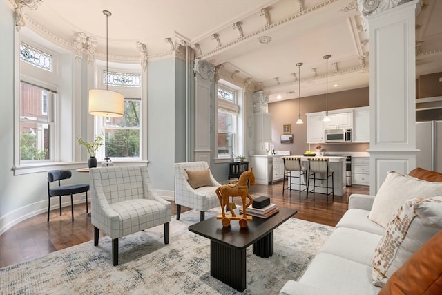 living room with ornamental molding, sink, and dark hardwood / wood-style flooring