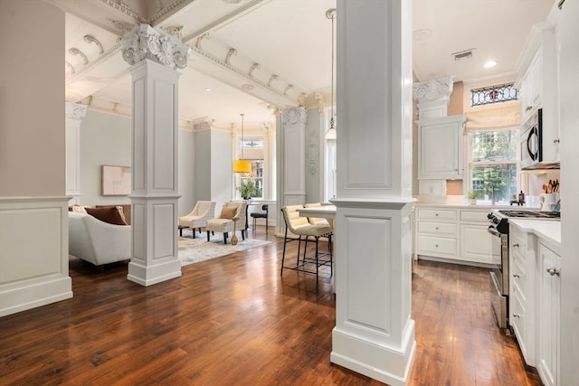 kitchen featuring white cabinets, stainless steel appliances, and dark hardwood / wood-style flooring