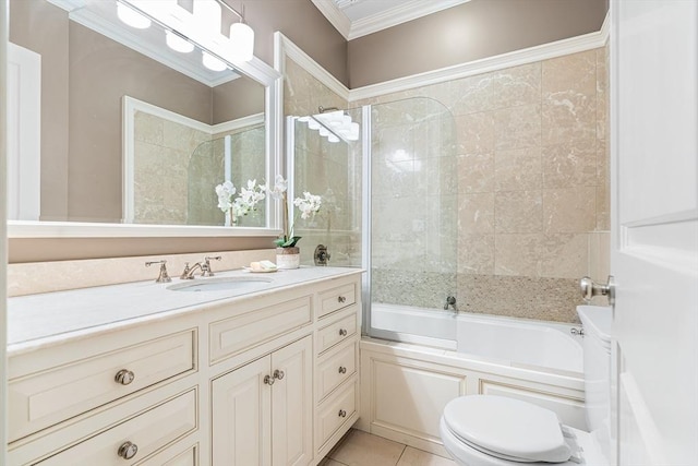8 Garrison St Unit 104, Boston, MA 02116 - full bathroom with vanity, crown molding, toilet, washtub / shower combination, and tile patterned flooring