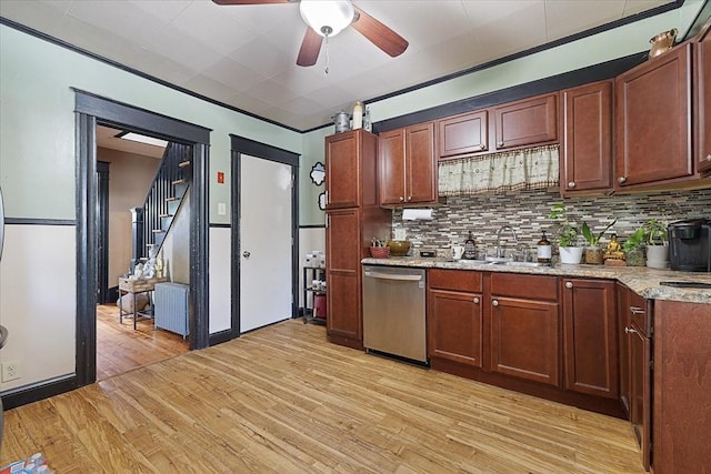 85 Pinehurst Ave, Auburn, MA 01501 - kitchen featuring dishwasher, a sink, a ceiling fan, light wood-style flooring, and decorative backsplash