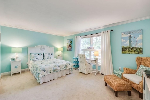 bedroom with carpet floors and ornamental molding