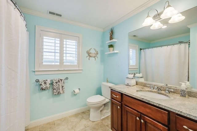 bathroom with vanity, toilet, crown molding, and an inviting chandelier