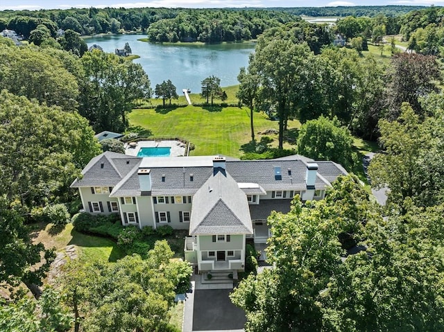aerial view featuring a water view