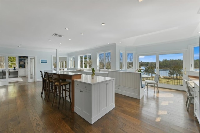 kitchen featuring recessed lighting, a sink, dark wood-type flooring, a large island, and light countertops