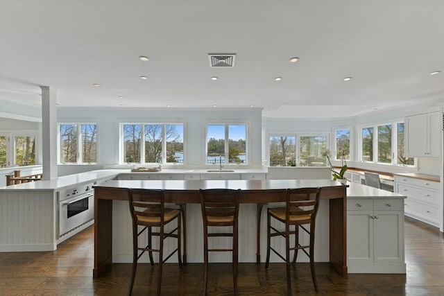 kitchen featuring a large island, plenty of natural light, light countertops, and oven
