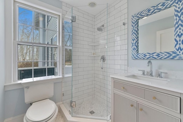 full bathroom featuring toilet, a stall shower, and vanity