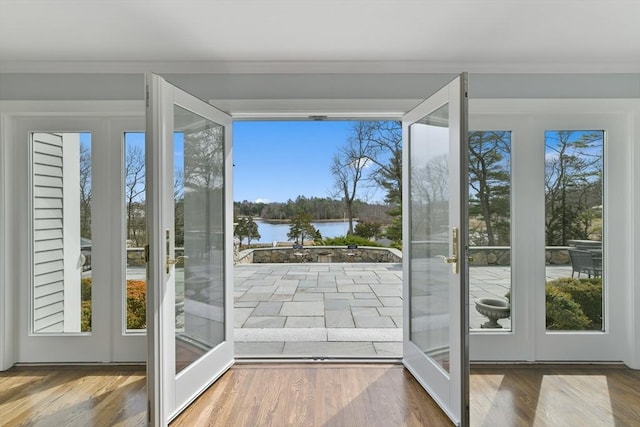 entryway with french doors, a water view, wood finished floors, and crown molding