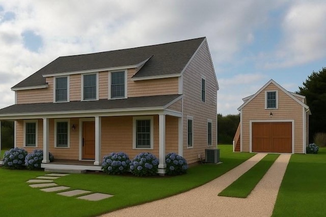 8 Sconset Ave, Nantucket, MA 02564 - view of front of house with a porch, central AC unit, a front lawn, an outbuilding, and a garage