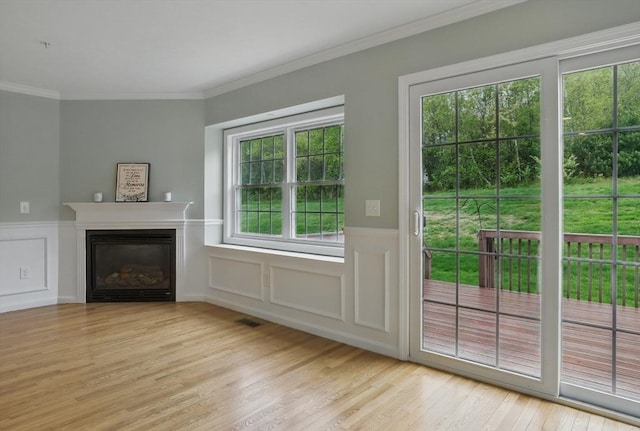 doorway with a glass covered fireplace, wainscoting, wood finished floors, ornamental molding, and a decorative wall