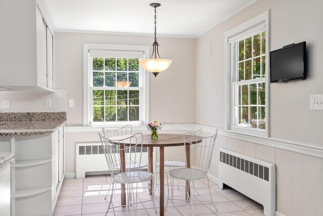 64 Bakers Hill Rd, Weston, MA 02493 - dining room featuring radiator heating unit, plenty of natural light, crown molding, light tile patterned flooring, and a wainscoted wall
